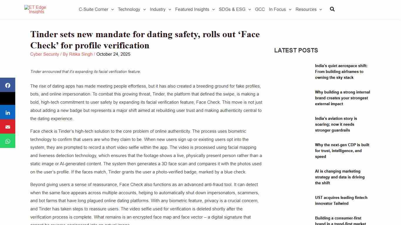 Tinder sets new mandate for safety, rolls out 'Face Check'